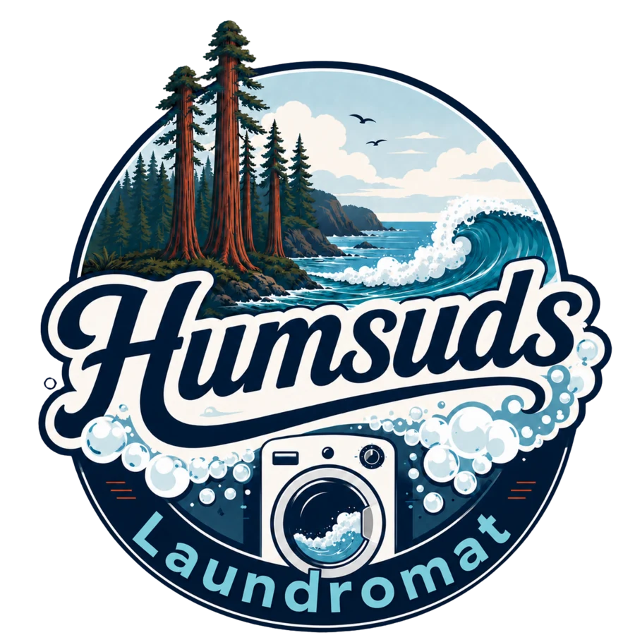 Humsuds Laundromat badge: redwoods, the Pacific coast, and a front-loading washing machine