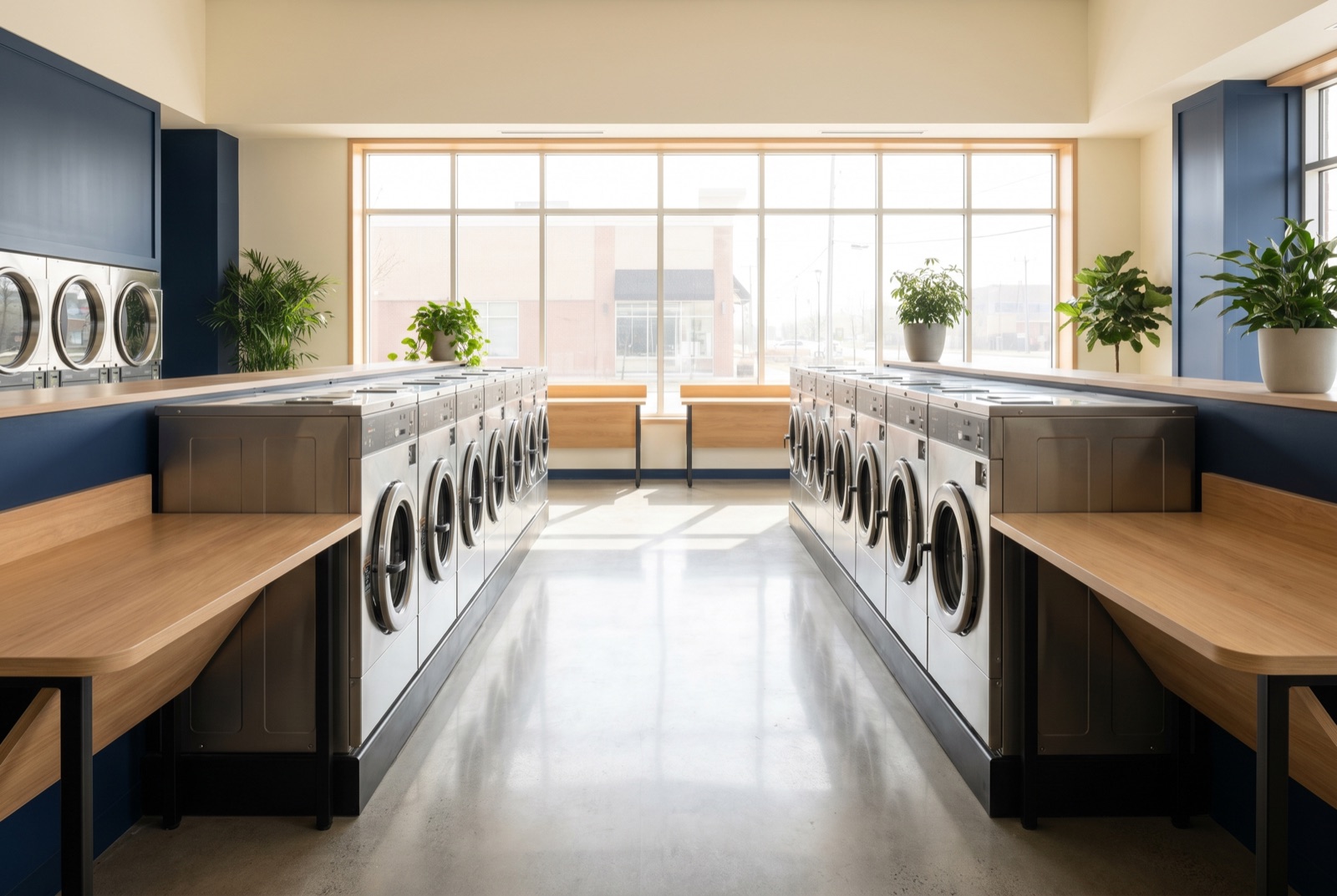 Bright, modern self-serve laundromat with rows of front-loading washers and dryers, warm wood benches and large windows