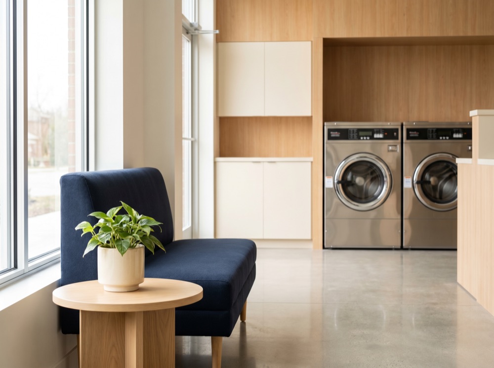 Comfortable seating nook with a bench and plant beside laundromat machines